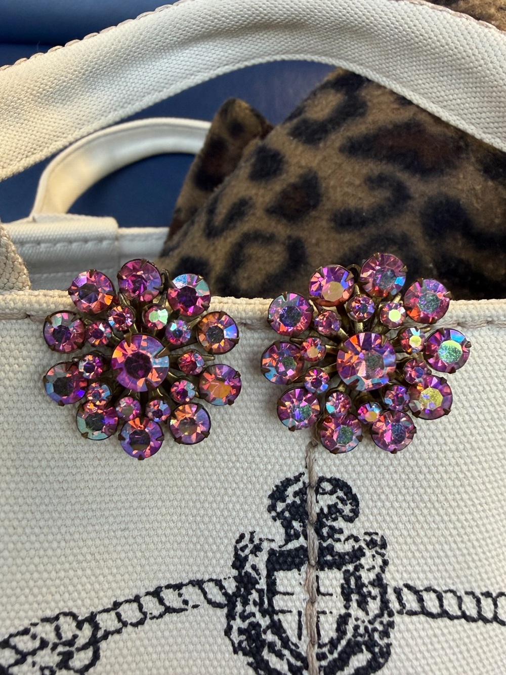Vintage AB Crystal Flower Earrings in pink - unbranded